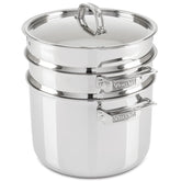 Viking 8-quart pasta pot with lid for quick, even boiling.