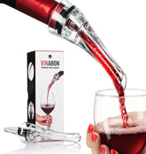 Vinabon wine aerator pourer on corked bottle enhances aroma.