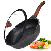 Vinchef nonstick deep frying pan with lid for easy food release.