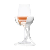 VoChill stemmed wine glass chiller on table preserves crisp whites without altering aroma.