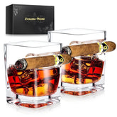 Vonams Stone cigar whiskey glasses with built-in rest for stable cigar placement