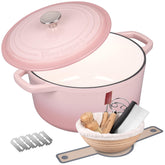 VORRINGARD enamelled cast iron Dutch oven in pink delivering even heat for crusty bread.