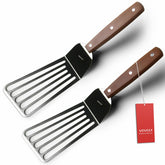 Vovoly offset fish spatula design keeps hands away from heat for safe flipping.