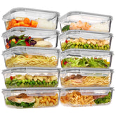 Vtopmart 10-pack glass containers with lids for meal prep and portable lunches.