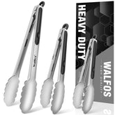 Walfos 7-inch kitchen tongs with non-slip grip for precise flipping