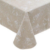 Walrus heavy-duty vinyl tablecloth in beige leaf pattern protects a 60x84 inch table from spills.
