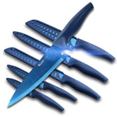 Wanbasion blue professional knife set blades close-up with sharp edge and titanium coating