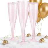 WDF pink glitter plastic champagne flute with sparkle, perfect for weddings and celebrations.