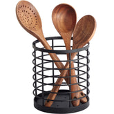 WDT Tool Utensil Holder with large round metal frame and wooden base on a counter, organized tools