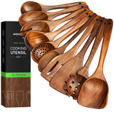 WEKELL 10-piece teakwood utensil set in a kitchen, ideal for non-stick cookware.