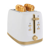 West Bend Timeless toaster front view with white and gold finish.