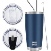 Wetoweto 20oz navy tumbler with two lids for versatile on-the-go hydration
