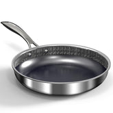 WhatsClad hybrid ceramic nonstick pan coating close-up showing smooth food release and even browning.
