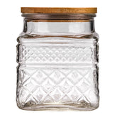 WHJY glass storage container with embossed geometry on kitchen shelf, stylish and durable.