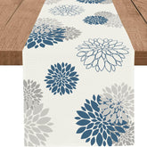 WHOMEAF blue-gray dahlia table runner adds elegant center decor for family dinners.