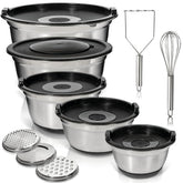 WHYSKO stainless steel mixing bowls set nested for space-saving storage.