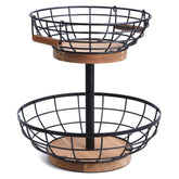 Wildmos two-tier fruit basket with wooden base for organized kitchen countertop display.