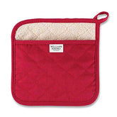 Williams-Sonoma potholder in claret red close-up shows quilted exterior and terry lining for heat protection