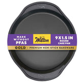 Wilton Gold round cake pan with non-stick coating for easy release and baking precision.