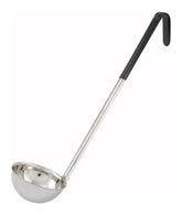 Winco stainless steel ladle with black handle for cool, non-slip grip and precise portions.