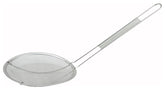 Winco stainless steel strainer, 6-inch diameter, close-up, fine mesh for durability.