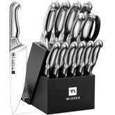 WIZEKA 15-piece knife set displayed in the starry sky block for organized kitchen prep.
