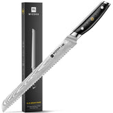 WIZEKA Damascus bread knife blade slicing crusty loaf with precision.