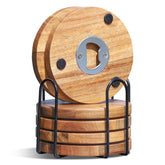 WLWNWFT acacia wood coaster set with bottle opener holder for easy access.