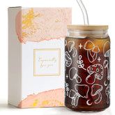 WODOHOLO mushroom glass cup with lid and straw for stylish iced coffee on the go.