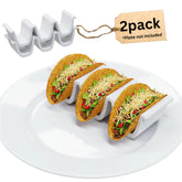 Woobud HolaTasty taco shell holder on plate keeps hard shells upright for tidy plating.