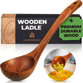 Woodenhouse teak ladle closeup showing smooth finish for comfortable stirring.