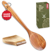 WOODLANDS USA teak spoon 12in handle resting on the rest for smooth stirring