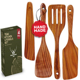 Woodlands USA teak spatula scraper gliding over cookware, protecting nonstick surfaces.