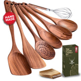Woodlands USA teak utensil set with rest displayed for organized cooking