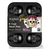 Wrenbury skull baking pan for six cupcakes with even heat distribution.