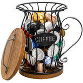 WRINGKIT Rustic coffee pod holder with lid on a counter showing organized space and accessibility