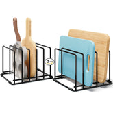 WUGEUSCH space-saving 5-slot rack keeps pans neatly organized on the counter.