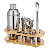 Wukuna cocktail shaker 24 oz with bamboo stand for organized setup.