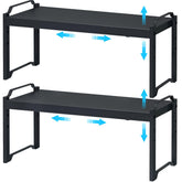 X-cosrack expandable cabinet shelves two-pack in black for flexible kitchen storage.