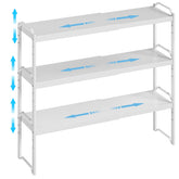 X-cosrack 3-pack expandable shelves shown in cabinet for flexible storage capacity.