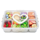 XING-RUIYANG divided serving tray with lid and handle showing eight organized snack compartments.
