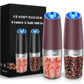XinXu gravity electric pepper grinder in rose red demonstrates hands-free operation for quick spice grinding.