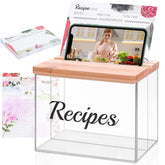 XKDOUS acrylic recipe box with wooden lid for durable kitchen organization.