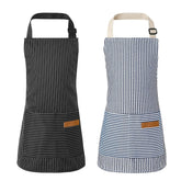 XLSXEXCL blue striped kids apron with a front pocket for snacks and tools.