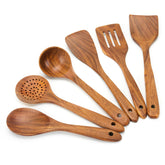 XMYYX EZuncle 6pc wooden spoon set flatlay, durable teak utensils for daily cooking.