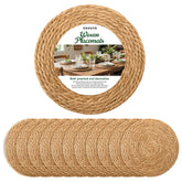XOHUYD 13-inch round woven placemats show natural water hyacinth for heat protection.