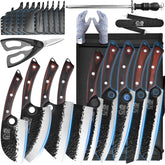 XYJ professional chef knife set with roll bag for easy outdoor cooking transport.