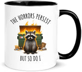 Yalocib raccoon beside a flaming trash bin mug, bold design for bold mornings.