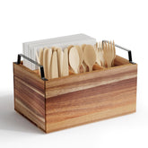 Yaoyiizy Acacia silverware caddy keeps utensils neatly organized on countertops.