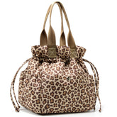 Yarnic leopard print lunch bag front view, compact and stylish for daily commuting.